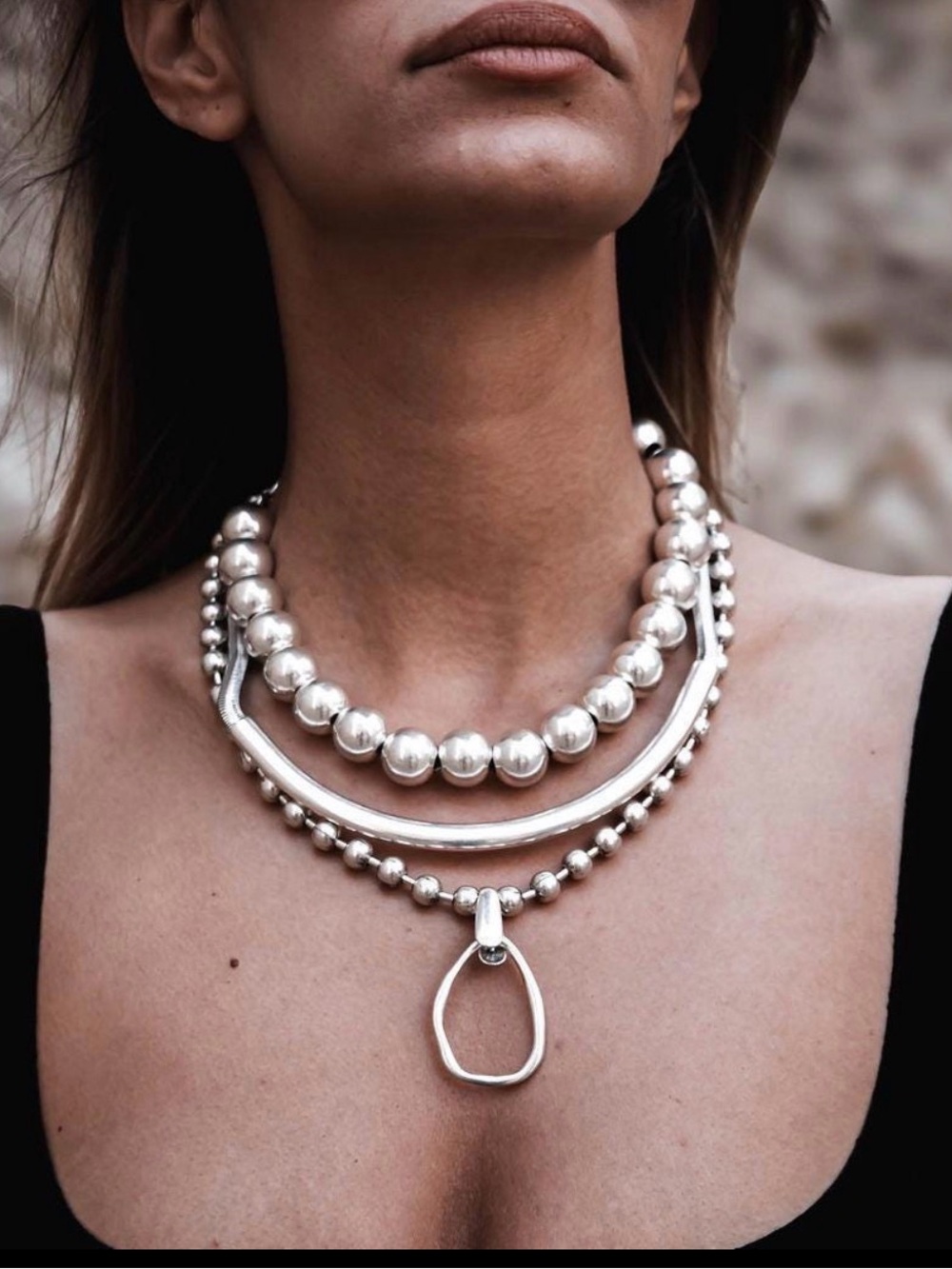 NWB Chunky Silver Ball Chain & Bar Choker Set w/ Hammered Loop Pendant